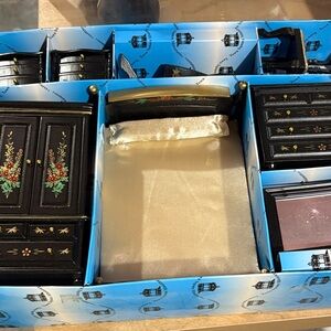 Wooden Dollhouse Bedroom Set - Black and Gold Floral Accent